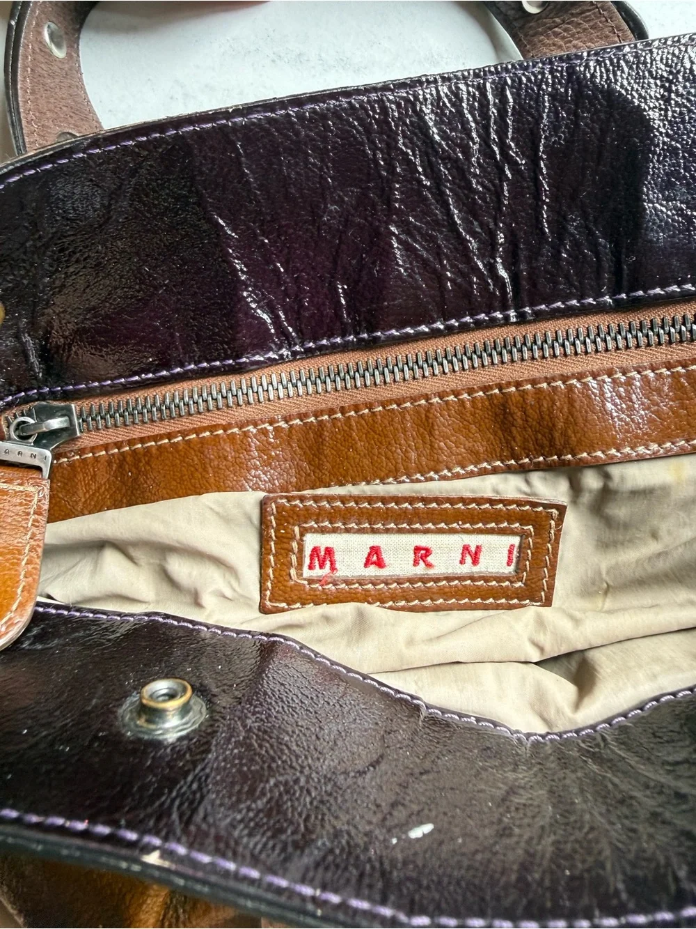 Marni Two-Tone Brown and Deep Purple Leather Tote - Picture 3 of 7